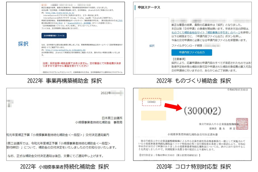 自社事業で補助金に採択された際の採択通知書等の画像。2022年分、事業再構築補助金・ものづくり補助金・小規模事業者持続化補助金と、2020年小規模事業者持続化補助金（コロナ特別対応型）※全国で2番目に受理・採択。