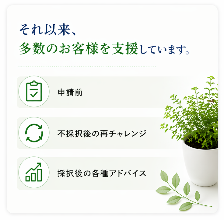 それ以来、多数のお客様を支援してまいりました。 申請前 不採択後の再チャレンジ 採択後 どんな状況でも、気軽にご相談くださいませ。