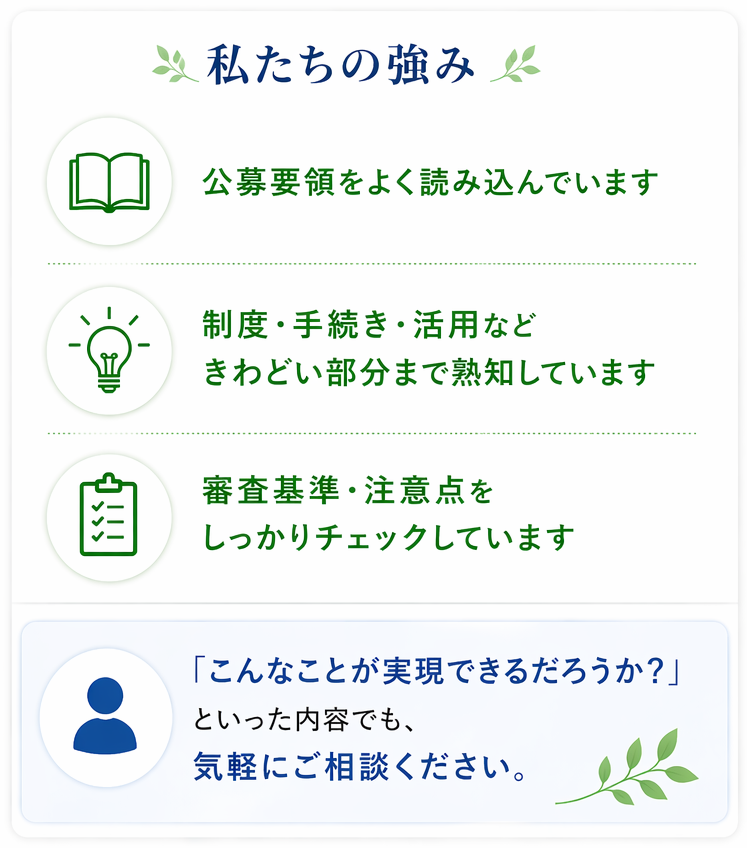 こんな内容は通るだろうか？というような実験的な申請もしています。 公募要領　よく読み込んでいます 制度・手続き・活用など　際どい部分まで熟知しています 審査基準・注意点　しっかりチェックしています こんなことが実現できるんだろうか？気軽にご相談下さい。