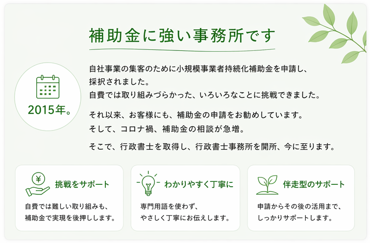 補助金に強い事務所です 2015年。 自社事業の集客のために小規模事業者持続化補助金を申請し、採択されました。自費では取り組みづらかった、いろいろなことに挑戦できました。 それ以来、お客様にも、補助金の申請をお勧めしています。そして、コロナ禍、補助金の相談が急増。 そこで、行政書士を取得し、行政書士事務所を開所、今に至ります。