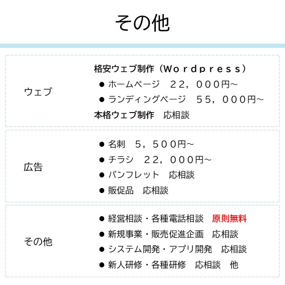 その他｜ウェブ、格安ウェブ制作（Ｗｏｒｄｐｒｅｓｓ） ホームページ　２２，０００円～ ランディングページ　５５，０００円～ 本格ウェブ制作　応相談｜広告、名刺　５，５００円～ チラシ　２２，０００円～ パンフレット　応相談 販促品　応相談｜その他、経営相談・各種電話相談　原則無料 新規事業・販売促進企画　応相談 システム開発・アプリ開発　応相談 新人研修・各種研修　応相談　他